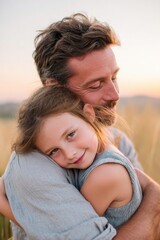 Fototapeta premium Father and daughter embrace in a sunlit field, showcasing a tender moment of love and connection, celebrating the joy of family and togetherness on Father's Day