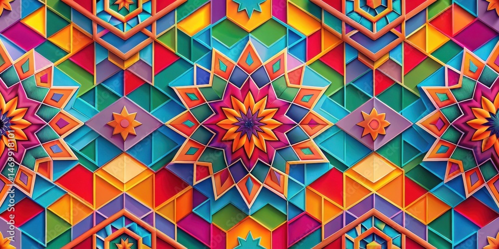 Poster Vibrant Geometric Textile Design Featuring Intricate Starburst Motifs and Multifaceted Polygonal Shapes in a Kaleidoscopic Pattern
