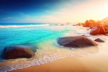 Rocky shoreline with calm water at the beach during daylight, natural coastal landscape scene.