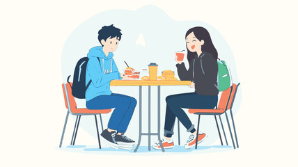 Two Young People Enjoying Lunch Together At An Outdoor Cafe Vector Illustration