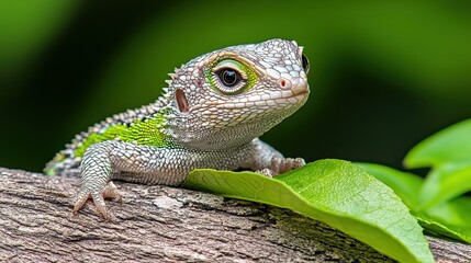 Fototapeta premium Close up of a small, colorful lizard perched on a tree branch amidst vibrant green foliage. The lizard's scales shimmer, exhibiting a mix of green