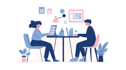 Two People Working Together Collaborating On Laptop In A Minimalist Office Space For Business Productivity