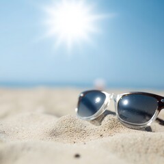 Sunglasses resting on golden beach sand with bright sunlight and clear sky in the background.