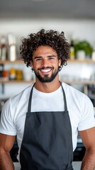 Smiling Man in Cafe Wearing a Black Apron