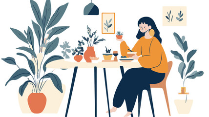 Woman Having Breakfast In Bright Room With Plants Illustration Style