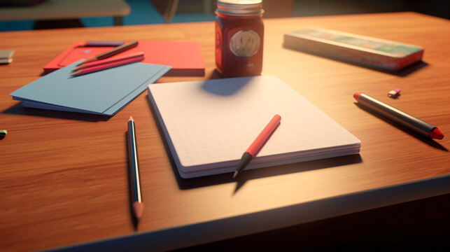 Flat vector illustration of a notebook, eraser, and pencil sharpener placed neatly on a school desk.

