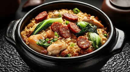 Chinese clay pot rice lap cheong sausage chicken bok choy served hot traditional clay pot black textured surface comforting aromatic Cantonese rice dish southern China cut out isolated transparent