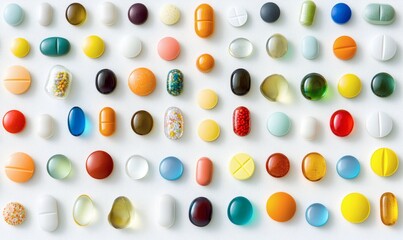 Flatlay image of mixed pills capsules and tablets in various colors arranged randomly on white background representing healthcare medication therapy and pharmacy overdose concept,
