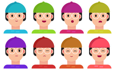 Set of cute cartoon faces wearing colorful hats with various expressions. Flat style design. Emotions include happy, sad, angry, surprised, and calm. Great for emoji or app assets
