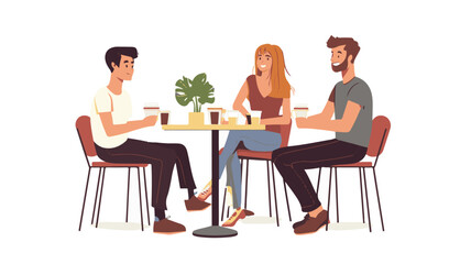Three Friends Enjoying Coffee At A Cafe Table In A Flat Vector Style Illustration
