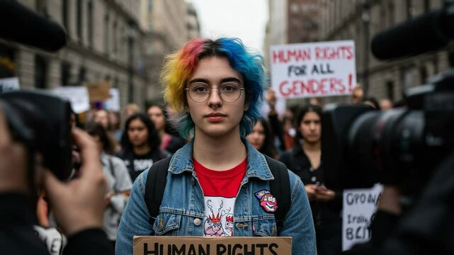 A Young Non-Binary Activist with Multi-Colored Hair Holding a 'Human Rights' Sign During a Protest in an Urban Setting, Advocating for All Genders' Rights