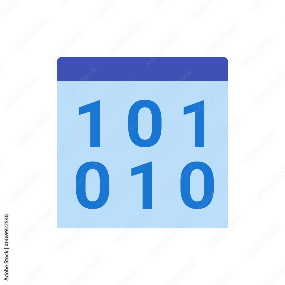 Poster illustration of a blue calendar icon with the binary code numbers zero and one displayed on the page