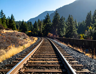 Fototapeta premium Forest Train Tracks Leading To Mountains