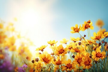 Bright yellow flowers bloom in a sunlit field under a clear blue sky during daytime.