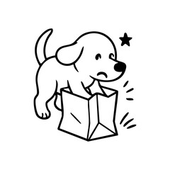 A surprised but happy dog emerging from an open box or bag, paws up, ears perked, full of playful energy.