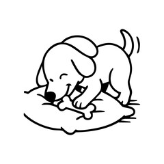 A dog pawing at a carpet or cushion with a toy nearby, looking determined yet playful.