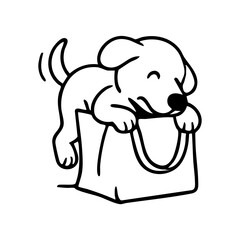 A surprised but happy dog emerging from an open box or bag, paws up, ears perked, full of playful energy.