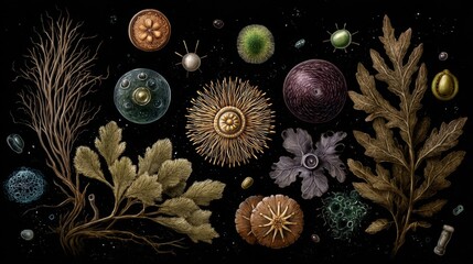 Microscopic Life Forms: Detailed Illustration of Diverse Protists and Algae in Dark Space