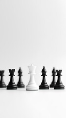 White Chess Queen Facing Black Pieces on a Bright Studio Background