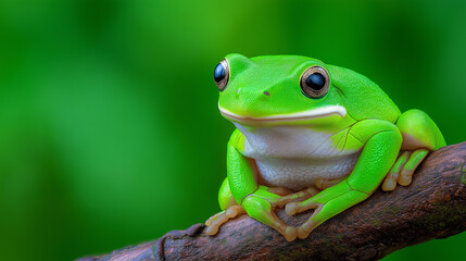 Obraz premium Bright green tree frog perched on branch in lush natural habitat with vivid detail and calm expression