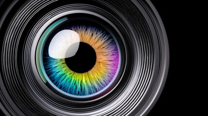 Surreal close-up of colorful human eye blended seamlessly with camera lens symbolizing vision, technology, and perception