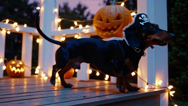 Playful dachshund in pirate costume celebrates halloween amidst festive pumpkin lights