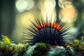 A striking black sea urchin with vibrant orange spines rests on lush green moss in a sun-dappled forest.