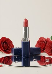 A realistic mockup of a plain silver and brown lipstick with rose