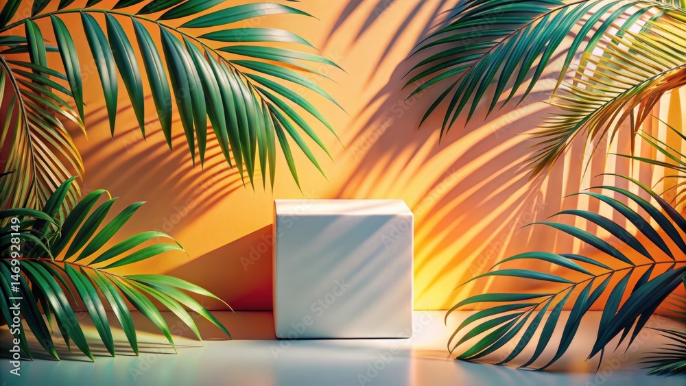 Aufkleber serene minimalist display with tropical foliage and soft light casts shadows on a blank cube