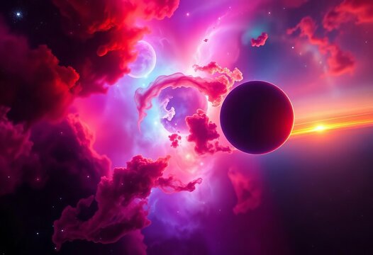 Vibrant nebula, gas giant, binary sunset, distant starfield, celestial, cosmos
