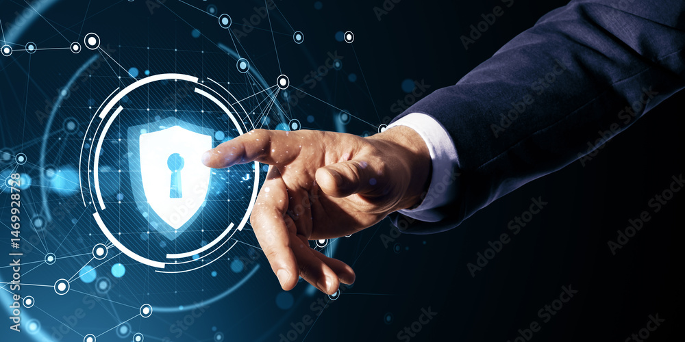 Poster Business person touching digital lock icon on futuristic interface representing cybersecurity and data protection technology concept background.