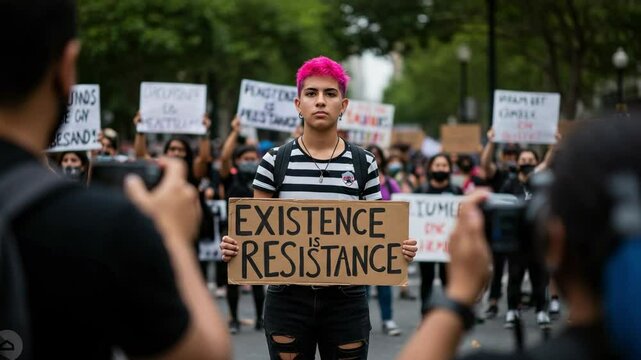 Young Hispanic Female Protester Holding Sign 'Existence is Resistance' at Social Justice Rally in Urban Environment Surrounded by Diverse Crowd Activists