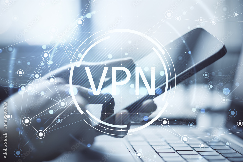 Poster Person using smartphone and laptop with VPN interface overlay on light tech background representing secure internet and business data protection concept.