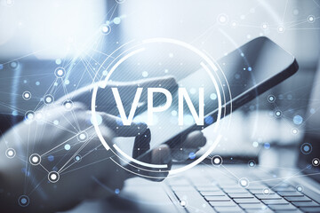 Person using smartphone and laptop with VPN interface overlay on light tech background representing secure internet and business data protection concept.