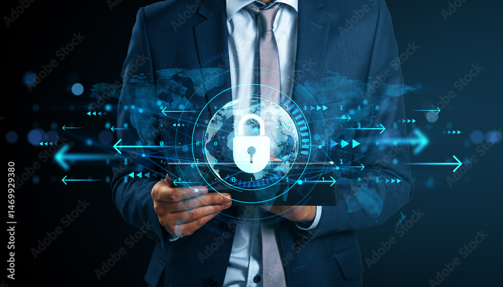 Poster businessman holding tablet with digital padlock interface symbolizing cybersecurity and data protect
