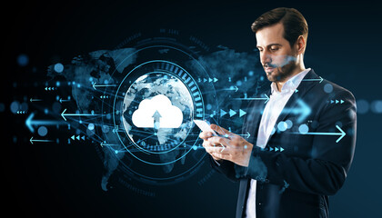 Businessman using smartphone with futuristic cloud computing interface and global digital data concept on dark background with blue arrows.