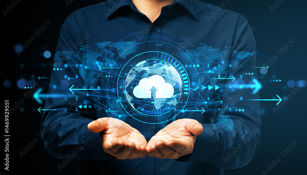 Aufkleber Businessman holding cloud computing interface with digital globe and arrows on blue abstract background representing data transfer and technology concept.