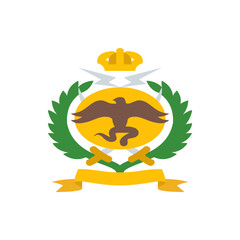Emblem with brown bird on yellow circle, green wreath, crown, lightning bolts, swords, and yellow ribbon