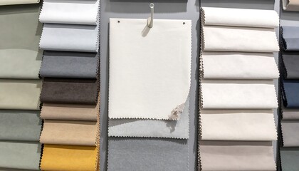 Neutral Fabric Swatches Arranged on Gray Wall