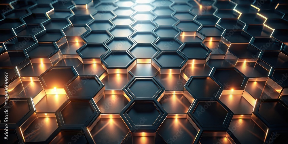 Aufkleber Illuminated Hexagonal Grid Abstract Technological Background of Interconnected Shapes with Glowing Inner Lights