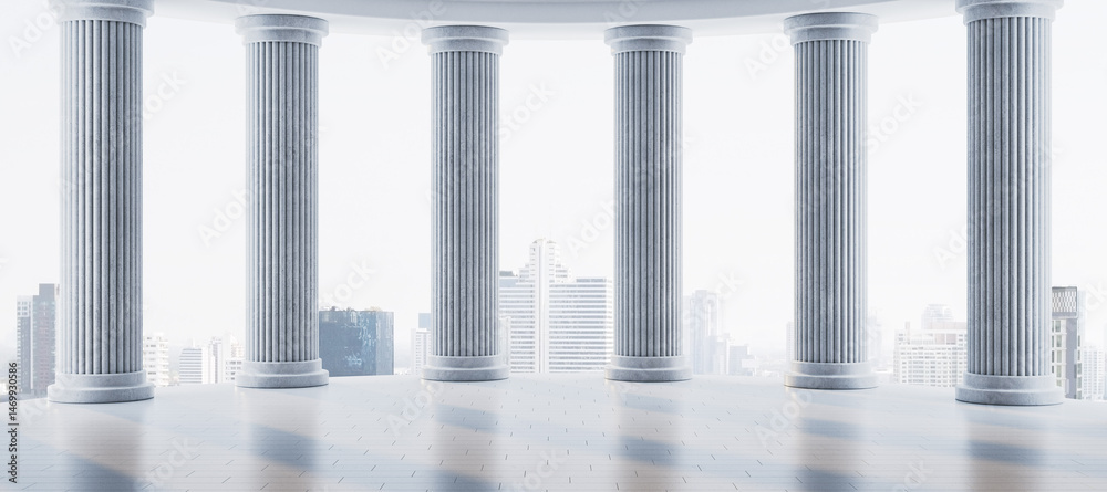 Poster classical marble columns overlooking modern city skyline in bright daylight, architectural concept w