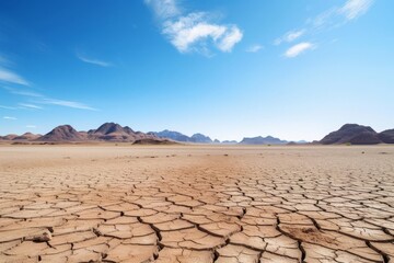 Vast, cracked desert landscape with distant mountains under a bright blue sky and scattered clouds.