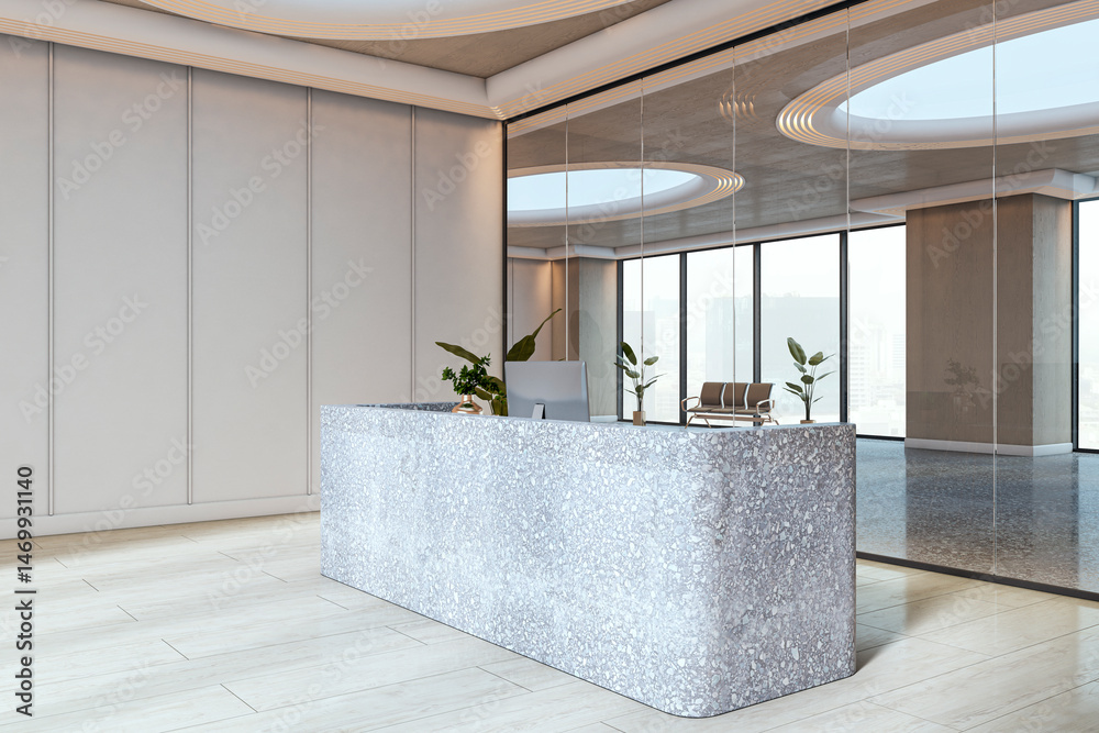 Poster modern empty reception desk in a bright office interior with terrazzo counter and glass wall overloo