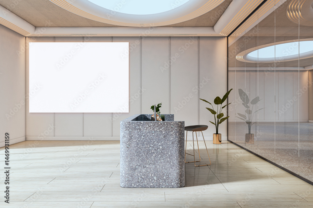 Poster blank wall mockup in modern reception area with terrazzo desk, skylight ceiling, and minimalist deco