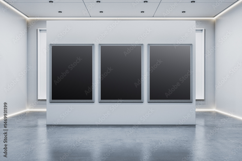 Poster Blank poster mockup with three black frames on white wall in modern gallery room with soft lighting and clean minimalist design concept. 3D Rendering