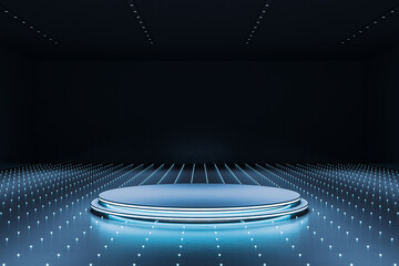 Futuristic round stage mockup with glowing blue lights on dark background for modern branding, design template or product display concept. 3D Rendering