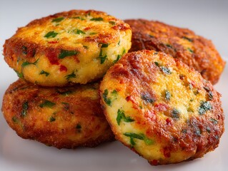 Delicious golden-brown cheese and herb fritters stacked high on a white plate ready to be enjoyed as a tasty meal.