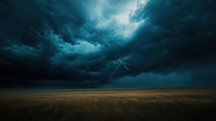 Obraz premium Wheat Field Beneath Ominous Dark Storm Clouds in a Dramatic Countryside Landscape with Sunlight Streaking Across the Sky