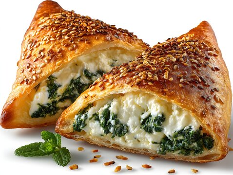 Two delicious spinach and feta cheese pastries sprinkled with sesame seeds are displayed on a white background.
