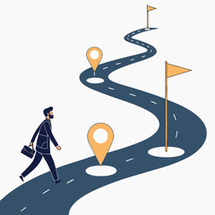 Businessman walking towards success along a road with destination flags and markers